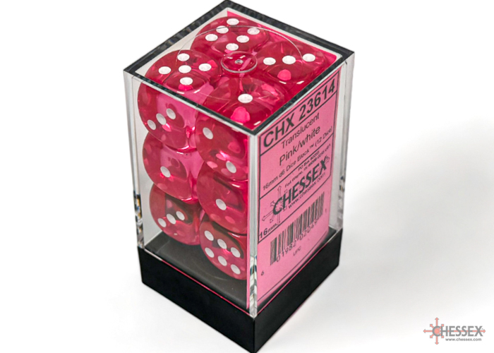 Translucent Pink/white 16mm d6 Dice Block (12 dice) - CHX23614